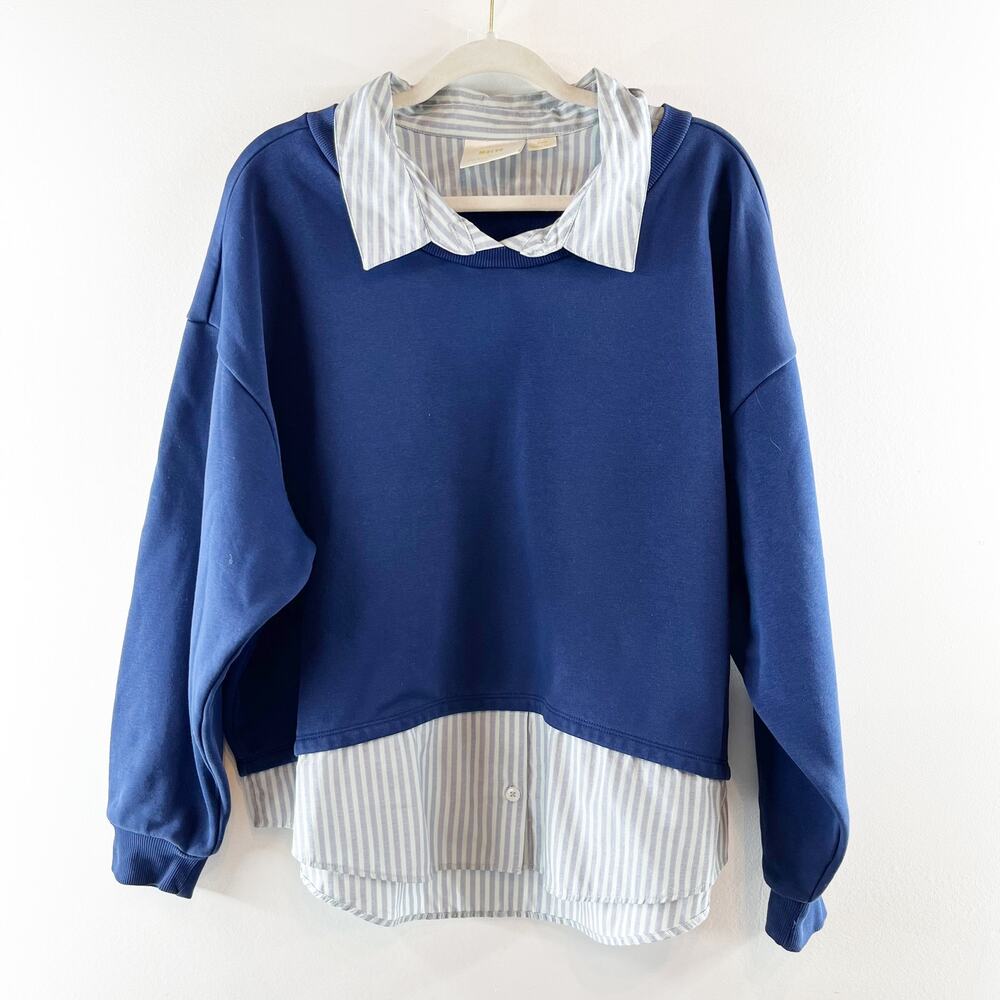 Maeve Blue Pullover Sweatshirt with Striped Shirt Hem
